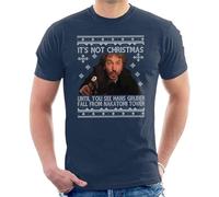 Die Hard Its Not Christmas Unil Hans Gruber Falls from Nakatomi Tower Knit Pattern Men's T-Shirt. Blue(Large)