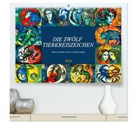 Die zwölf Tierkreiszeichen (hochwertiger Premium Wandkalender 2026 DIN A2 quer), Kunstdruck in Hochglanz: Bunte Gemälde im Stil von Marc Chagall