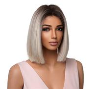 DieffematicJF Pelucas Mujer Pelo Natural Middle-part Short Straight Hair Hand-woven Lace Wig Female Brown Gradient White Gold