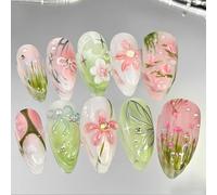 DIELOVEHUA 30 Piezas Uñas Postizas Almendra Francesa, Press On Nails Medianas, Diseño de Floral 3D de Primavera, Cobertura Completa Adhesivas Acrílico Uñas Falsas para Mujeres y Niñas (E)