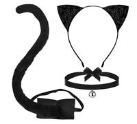 DIELOVEHUA 3PCS Disfraz de Gato Mujer, Diadema Orejas de Gato, Cola de Gato, Collar con Campanas y Lazo, Disfraz Gato Niñas para Halloween Cosplay Carnaval Fiesta, Negro, Cat Costume