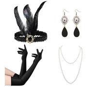 DIELOVEHUA 4 Piezas Accesorios Años 20 Mujer, 1920s Set de Accesorios, con Diadema, Guantes Negros Largos, Collar de Perlas, Pendientes, para Mujer Fiestas Temáticas, Carnaval, Mascarada Navidad