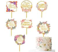 DIELOVEHUA 6 Piezas Happy Birthday Cake Topper, Acrílico Glitter Cupcake Topper, Decoración para Tartas con Mariposas y Flores, para Cumpleaños, Baby Showers, Bodas, Aniversario (B)