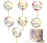 DIELOVEHUA 6 Piezas Happy Birthday Cake Topper, Acrílico Glitter Cupcake Topper, Decoración para Tartas con Mariposas y Flores, para Cumpleaños, Baby Showers, Bodas, Aniversario (A)