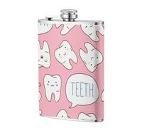 Dientes de dentista kawaii,Frasco de acero inoxidable 304 de 8 oz con funda de cuero sintético, frasco de bolsillo para licor plano para exteriores