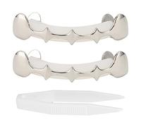 Dientes de Hip Hop de Halloween, Chapado en Oro para Boca Superior Inferior Hip Hop Dientes Parrillas, Dientes Falsos, Disfraz de Rapero Cosplay Accesorios de Fiesta (plata)