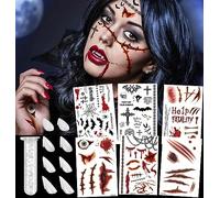 Dientes de vampiro, 4 tamaños+6 hojas, tatuajes temporales, dientes de vampiro grandes, Halloween, vampiro, cosplay, dientes de vampiro + tatuajes falsos, juego de tatuajes falsos para fiestas de