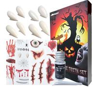 Dientes de Vampiro Adulto Niño - 4 Pares Dientes Vampiro, 3 Tatuajes de Halloween,1 Pegamento para Colmillos Vampiro, Dentadura Vampiro para Cosplay Decoracion Fiesta de Halloween