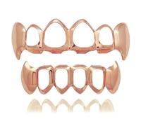 Dientes Fang Open Face Grillz, Grillz Chapados Oro de 18k con Filas Superior e Inferior Dientes Vampiro Estilo Hip Hop para Hombres Mujeres y Raperos.(Rose gold)