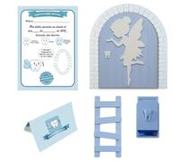 DientesMagicos® Hada de los dientes Puerta mágica + Caja para el Diente + Escalera + 4 certificados de Diente Limpio. Regalo Original para niño y niña. VERSION ITALIANA (AZUL)