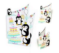 Diese-Klappkarten Juego de 2 tarjetas de felicitación Happy Birthday para cumpleaños con pingüino, tarjeta de cumpleaños para niños, tarjeta o cupón para cumpleaños infantil, para niños y niñas, X008