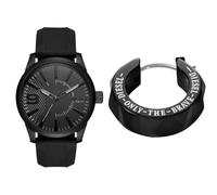 Diesel Hombre Rasp Negro Silicona Reloj y Acero Inoxidable Pendientes, Set