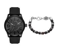 Diesel Hombre Rasp Negro Silicona Reloj y Piedras Semipreciosas Pulsera, Set