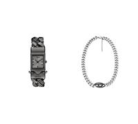 Diesel Hombre Reloj Gris Closer y Collar Oval D Logo en Acero Inoxidable Bicolor, Set