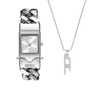 Diesel Hombre Reloj Plateado Closer y Collar D Logo, Set