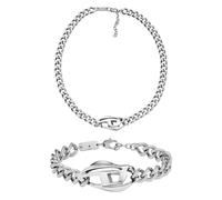 Diesel Hombre Set Pulsera y collar de acero inoxidable tono plateado, Set