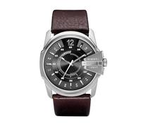 Diesel Reloj Master Chief Series para Hombre, movimiento de fecha a tres agujas con correa de acero inoxidable o piel, Marrón oscuro y tono plata, 46 mm