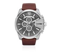 Diesel Mega Chief Series Reloj para hombre, Movimiento cronógrafo con correa de piel, Marrón oscuro y gris claro, 51 mm
