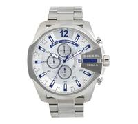 Diesel Reloj Mega Chief para Hombre, Movimiento cronógrafo con correa de acero inoxidable, Tono plata y azul, 51 mm
