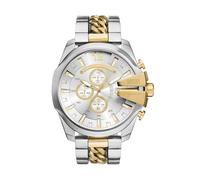 Diesel Reloj para hombre Mega Chief, movimiento cronógrafo de cuarzo, caja de acero inoxidable plateado de 59 mm con correa de acero inoxidable, DZ4308