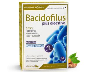 Dietmed - Bacidofilus Plus Digestive - 60 Cápsulas - Simbiótico con Fermentos Probióticos 14 Estirpes + FOS Prebiótico - Té Verde 70% EGCG - Cúrcuma - Con Vitaminas (Niacina, Vit A, B2 y Biotina)