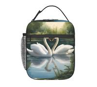 DIEzig Bolsa térmica portátil con estampado de cisnes blancos en el lago, bolsa de almuerzo aislada, bolsa térmica para almacenamiento de comidas