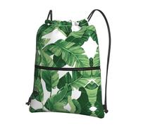 DIEzig Bonita mochila con correa ajustable con estampado de hojas de palma verde, bolsa plegable con cordón y cremallera para aventuras de fin de semana