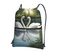 DIEzig Hermosa mochila con correa ajustable con estampado de cisnes blancos en el lago, bolsa plegable con cordón y cremallera para aventura de fin de semana