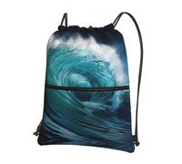 DIEzig Hermosa mochila con correa ajustable con estampado de olas del océano, bolsa plegable con cordón y cremallera para aventuras de fin de semana