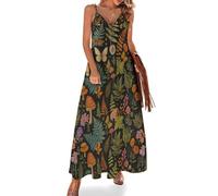 Diferentes Tipos de Hojas Lindos Gatitos Naranjas y Negros Vestido Largo sin Mangas Estilo Boho Casual para Mujer Vestido Hawaiano de Tirantes Finos