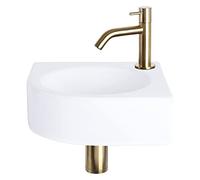 Differnz Cleo Lavabo de cerámica blanco - Grifo curvado dorado mate - Juego completo - 30 x 30 x 10 cm
