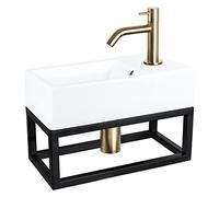 Differnz Force Lavabo con toallero - Lavabo de cerámica blanco - Grifo curvado dorado mate - Juego completo - 40 x 22 x 11,5 cm