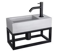 Differnz Ravo Lavabo con toallero - Lavabo Gris Claro Hormigón - Grifo de Agua Fría Curvo Negro - Juego Completo con Grifería Negro - 38.5 x 18.5 x 9 cm