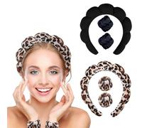 DIFLAX 2 Piezas Diadema Spa para Lavarse la Cara Set de Muñequeras Esponja de Rizo Suave Maquillaje Cuidado de la Piel Diadema Antideslizante para Mujer (Negro+Estampado de Leopardo)