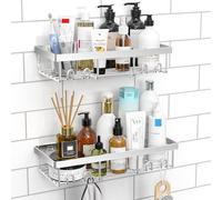 DIFULI Estante de ducha sin taladrar, color plateado, 2 unidades con 8 ganchos, estante de ducha inoxidable, cesta de ducha para baño, soporte para champú, organizador de ducha de baño (plata)
