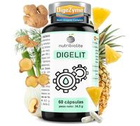 Digelit Nutribiolite - Enzimas Digestivas con DigeZyme® y Bromelaína. 60 Cápsulas. Ayuda contra Hinchazón Abdominal, Gases y Digestión Pesada, con Jengibre, Hinojo y Genciana. 100% Vegano y Sin Gluten