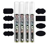 DIGIELE - Rotulador de tiza, 2 rotuladores de tiza de 3 mm + 2 piezas de fieltro tiza líquida blanca 6 mm + 16 etiquetas, punta reversible ovalada fina o bisel, borrado con paño húmedo o seco