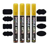 DIGIELE Rotulador Tiza Liquida Oro, 2 Pcs Rotulador 3mm + 2 Pcs 6mm Rotuladores de Tiza Líquida Oro con 16 Pizarra Reutilizable Etiquetas, Borrado con Seco y Húmedo, Punta Reversible de Bala o Cincel