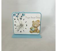 Digiglio Bomboniere Reloj para bautizo con osito, madera celeste, Sueños Amore Gioia, con caja de paquete