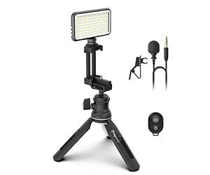 DigiPower The Instructor - Kit de vídeo Profesional (Incluye micrófono, luz LED, trípode y Soporte para teléfono)