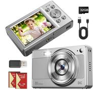 Digital Camara de Fotos, Compacta Camara Digital Vintage, Camera Fotografia con Tarjeta 32GB para Niños Principiantes Adulto, 2,8", 56MP, 1080P FHD, Dos Baterías (Plateado)