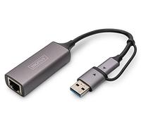 DIGITUS Adaptador de Red USB - 2,5 Gbit/s - RJ45 a USB-C 3.1 - Incl. Adaptador Tipo A - Full Duplex - Auto MDI-X - Gris