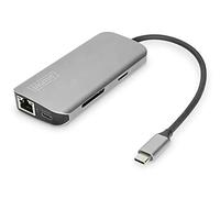 DIGITUS - Base de conexión USB-C de 8 Puertos (2 Puertos USB 3.0, 1 Conector RJ45, 2 Conectores HDMI, 1 Puerto PD, 1 Ranura Micro SD, 1 Ranura para Tarjetas SD), Color Gris