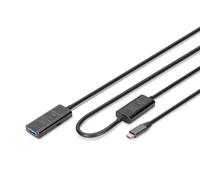 DIGITUS Cable alargador USB 3.2 Gen 1 activo - 10 m - USB-C macho a USB-A hembra - Cable USB repetidor con Plug & Play - Hasta 5 Gbit/s - Alimentación a través de USB - Negro