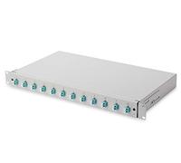 FO splice box, 1U, equipped, 12x LC DX, OM3 incl. splice cassette, colored pigtails, couplers