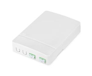 DIGITUS Carcasa FTTH - 2x acoplador dúplex LC/APC - fibra óptica monomodo - casete de empalme de fibra óptica integrado - clase de protección IP45 - montaje en pared - blanco