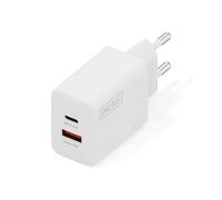 DIGITUS Cargador USB - USB-C y Tipo A - 2 Puertos - hasta 20 W - Cargador rápido - Apto para teléfonos móviles, tabletas, Relojes Inteligentes y Auriculares Bluetooth - Blanco