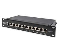 DIGITUS Cat-6A Patch Panel - 12 puertos - Tomas RJ45 - Montaje en rack de 10 pulgadas 1U - Panel de distribución LSA - Blindado - Negro