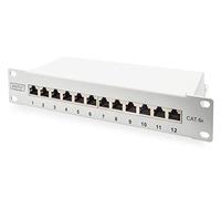 DIGITUS Cat-6A Patch Panel - 12 puertos - Tomas RJ45 - Montaje en rack de 10 pulgadas 1U - Panel de distribución LSA - Blindado - Gris