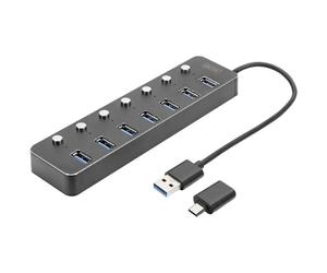 DIGITUS Concentrador USB - 7 Puertos - USB 3.0 - hasta 5 Gbit/s - Puertos conmutables Individualmente - In daptador de USB-A a USB-C - Plug & Play - Carcasa de Aluminio - Gris Oscuro